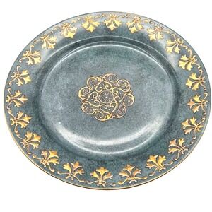 Toyo Vintage Charger Plate Hand Painted Golden Jade Green Ceramic Porcelain 10"‎